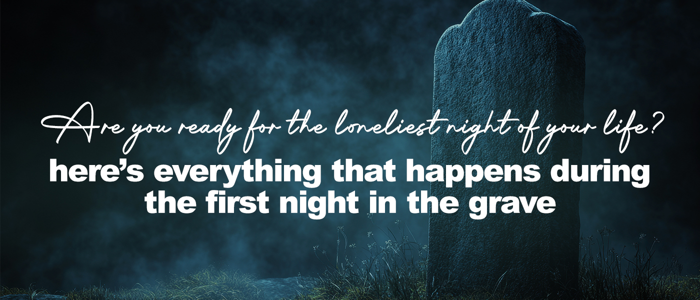 A single, weathered gravestone stands upright in a misty, dimly lit graveyard at night. The stone is surrounded by damp grass and scattered rocks, while a bluish fog drifts through the air, creating a somber and eerie atmosphere.
